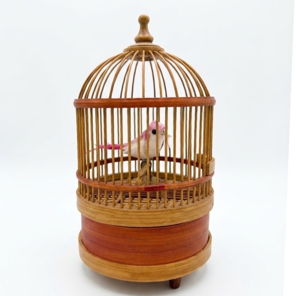 Vintage Bamboo Birdcage Music Box Rotating Pink Bird Wind Up Decorative Ornament
